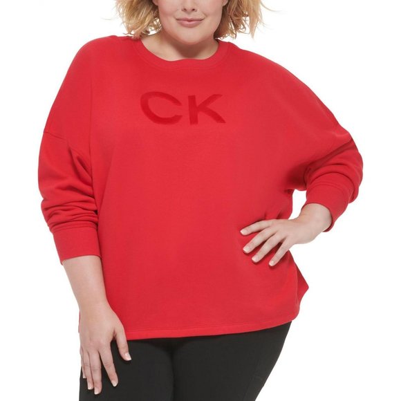 NWT Calvin Klein Size Logo Fleece Crewneck Sweatshirt PF2X2356 3X Salsa Red - Picture 1 of 2